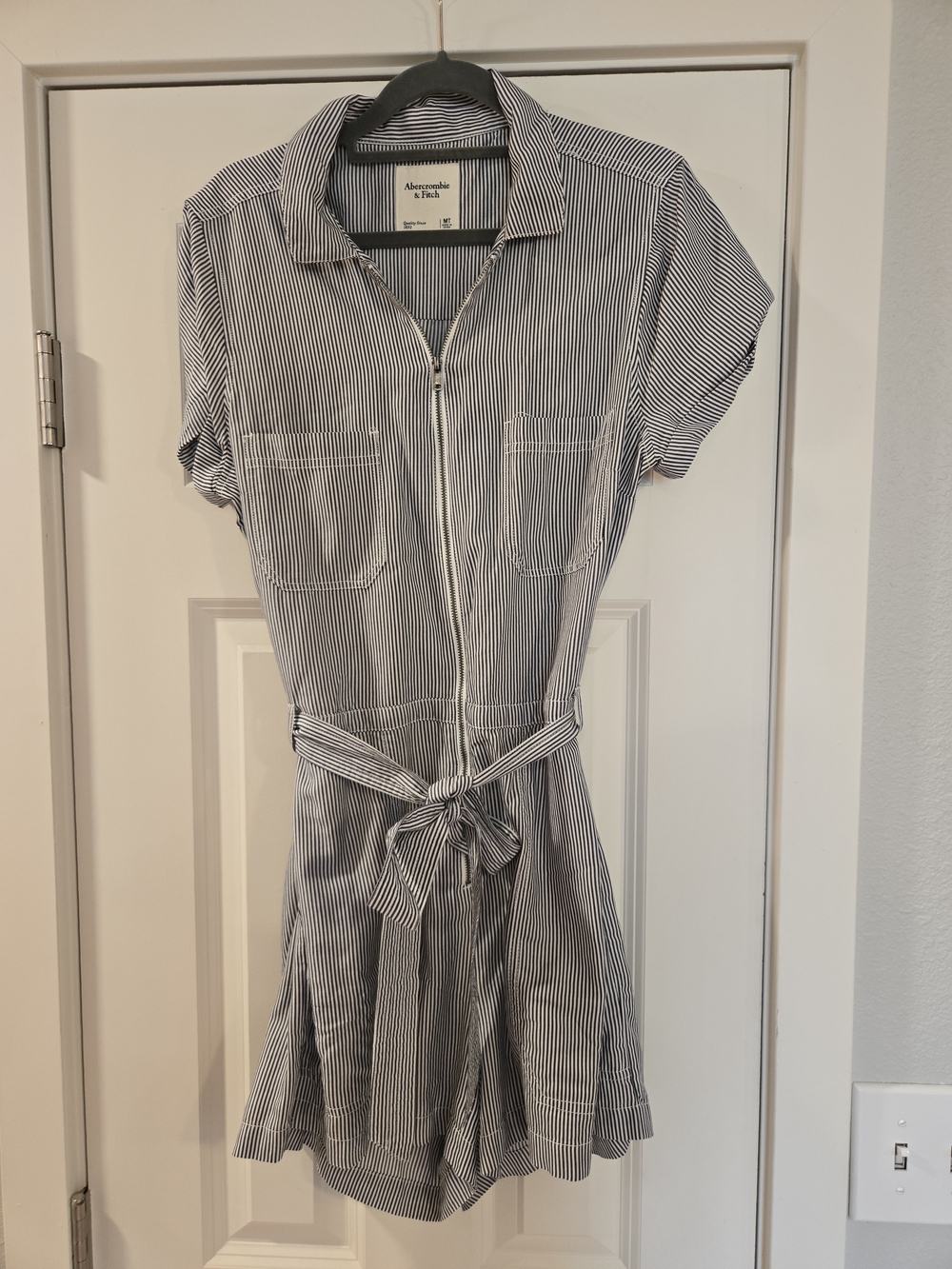 Abercrombie & Fitch Black and White Pinstripe Zip Romper Dress